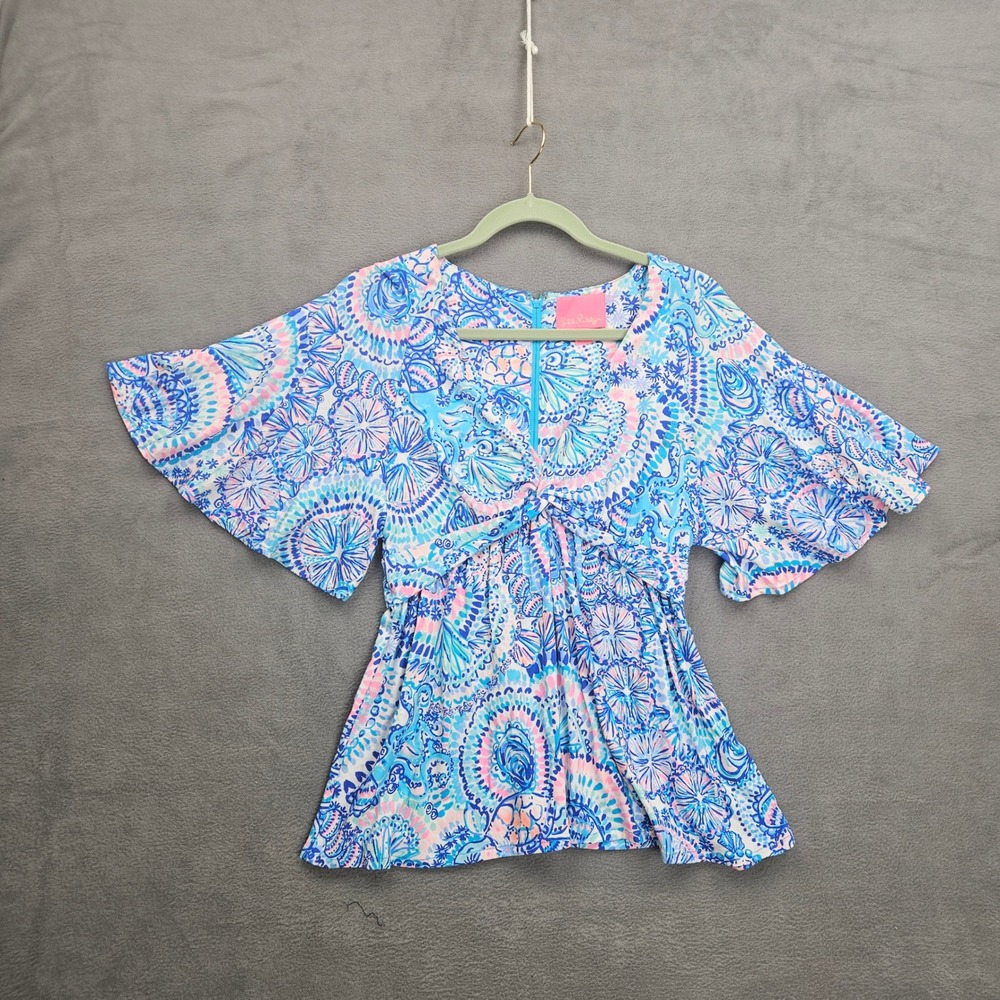 Lilly Pulitzer Blue Pink Sea Paisley Flutter Sleeve Knot Front Top Size 2